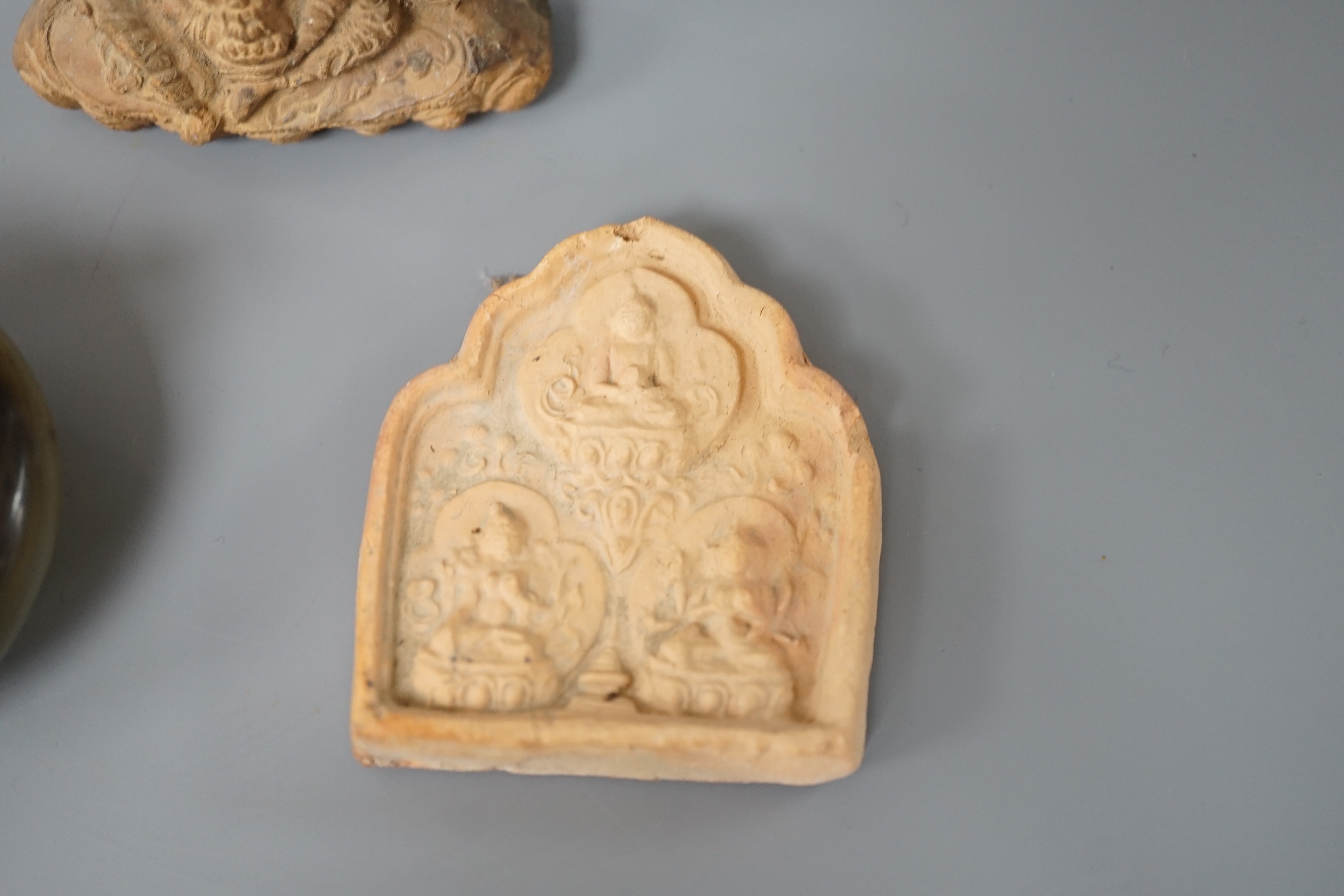 Chinese hardstone censer and two Tibetan terracotta ‘Buddha’ panels